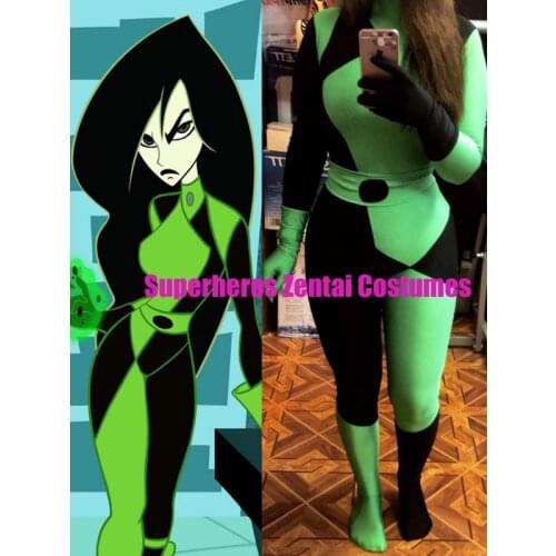 Super Villain Shego Costume Female Halloween Costume Spandex Zentai Suit Shego Cosplay Costumes Custom Made
