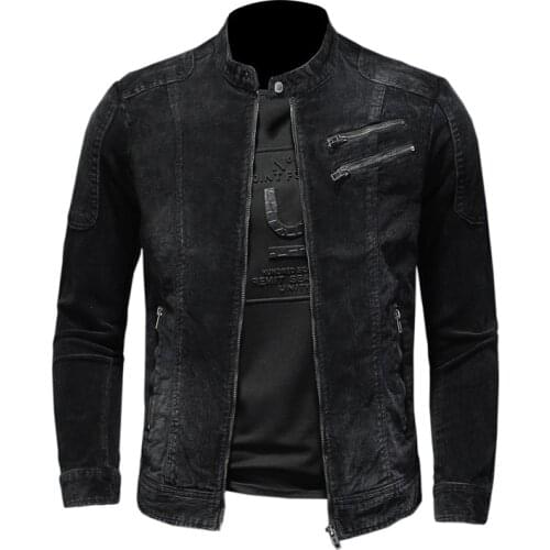Mens Black Corduroy Jacket Biker Motorcycle Coat Spring Autumn Zipper Slim Fit Stand Collar Fashion Jackets Drop Shipping