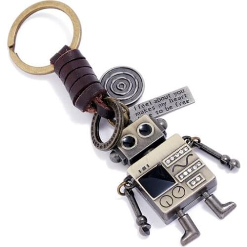 Fashion Vintage Retro Robot Keychain Alloy Bronze Pendant Leather Holder Bag Keyring Car Key Chain for Kid Women Men Accessories