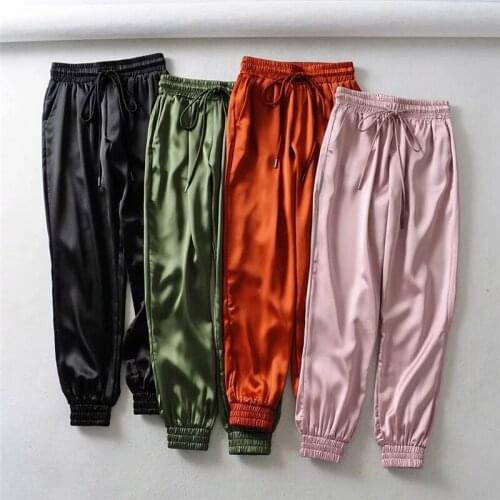 New Women Casual Sports Drawstring Sweatpants Tracksuit Satin Silk Joggers Pants Women Trousers High Waist Pants Fashion Trend