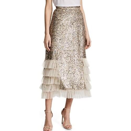 Chic Tea Length Solid Color Sequined Skirts For Women With Tulle Ruffles Tiered Fashion Female Skirt Office Lady Saias Zipper