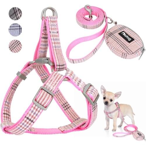 Breathable Nylon Dog Harness and Leash Set Plaid Small Medium Dogs Harness Pet Walking Lead Rope With Snack Bag For Pitbull Pug