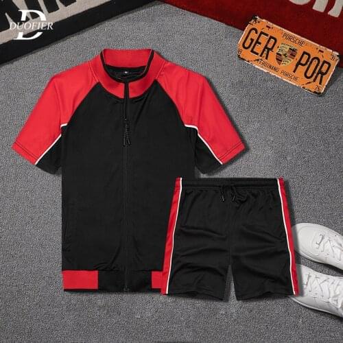 Summer New Men Casual Sets Zipper Patchwork Jogger Tracksuits Mens Sportswear Tshirt+Shorts Two Pieces Sets Loose Suits V-Neck