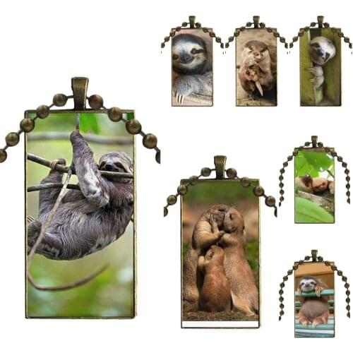 Glass Cabochon Choker Pendant Rectangle Necklace Bronze Color Jewelry For Women Men Sloth Hanging Fat Sleepy Furry