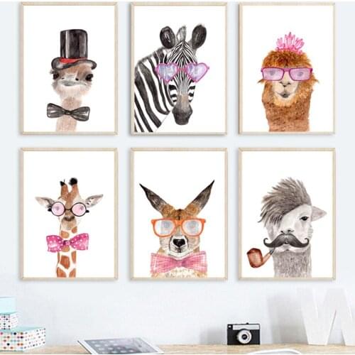Ostrich Zebra Alpaca Giraffe Rabbit Glasses Wall Art Canvas Painting Nordic Posters And Prints Wall Pictures Kids Room Decor