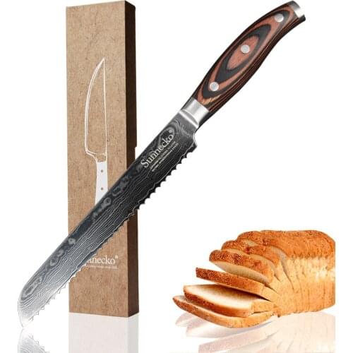SUNNECKO 8" Damascus Bread Knife Japanese VG10 Core Steel Sharp Blade 59-60HRC Strong Hardness Kitchen Knives Pakka Wood Handle
