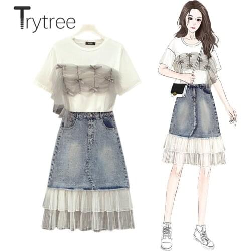 Trytree 2021 Summer Women Two Piece Set Casual Bow Cotton T-shirt + Denim Skirt Spliced Mesh Ruffles A-line Sweet 2 Piece Suit