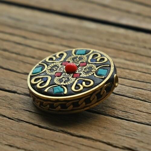 TZA09 Antique Nepal Handmade 4 peach heart Brass With Synthetic Coral And Turkey stone Bracelet DIY Bead For Necklace Making