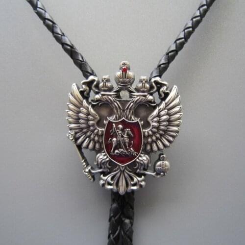 Original Antique Real Silver Plated Russian Double Headed Empire Eagle Rhinestone Bolo Tie Neck Tie Necklace