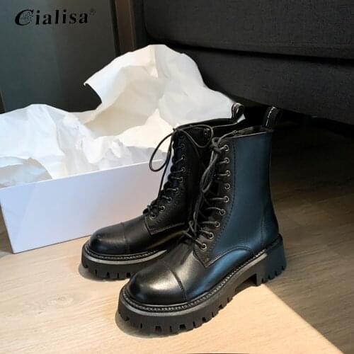 CIALISA Women Shoes 2020 Fashion Chunky Heels Motocycle Boots Lace Up New Design Platform Genuine Leather Ankle Boots