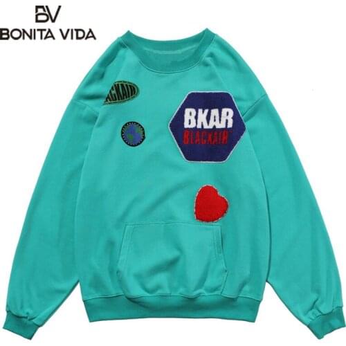 Bonita Vida Hoodies Harajuku Embroidery Heart Patchwork Pullover Sweatshirts Streetwear Hip Hop Cotton Pullover Loose Tops