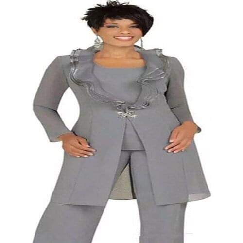 Gray Chiffon Mother of the Bride Pant Suits with Long Jacket Custom Made Cheap Women Wedding Guest Dresses Evening Outfits