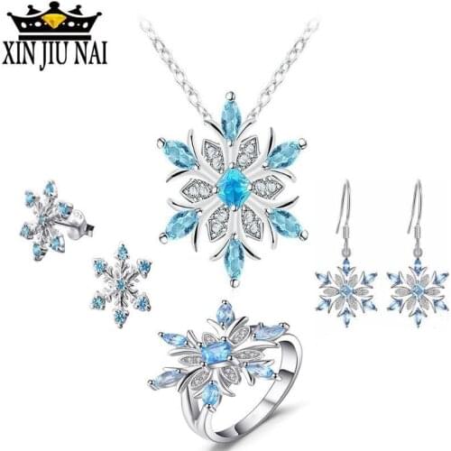 Snowflake Genuine Blue Topaz sapphire Shining zircon Ring 925 anillos Silver Fashion Rings For Women Christmas Gift Jewelry Set