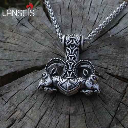 Lanseis 1pcs viking Thors hammer goat pendant Nordic men necklace norse ram Mjolnir hammer with stainless steel chain necklace