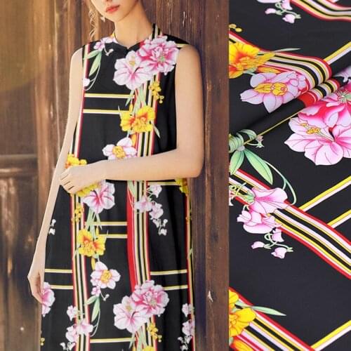 112CM 19MM Pink Yellow Floral Print Stretch Black Heavy Silk Crepe Fabric Good for Spring Summer Dress Skirt Shirt Pants J162