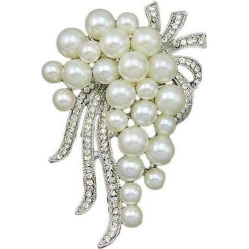 2.2" Vintage Style Rhodium Silver Plated Cream Pearl and Crystal Diamante Large Bridal Brooch