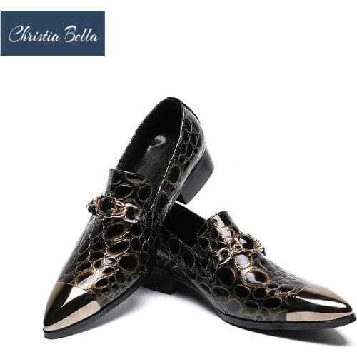 Christia Bella Luxury Men Oxford Shoes Genuine Leather Men Dress Shoes Pointed Toe Wedding Formal Shoes with Chain Men Flats