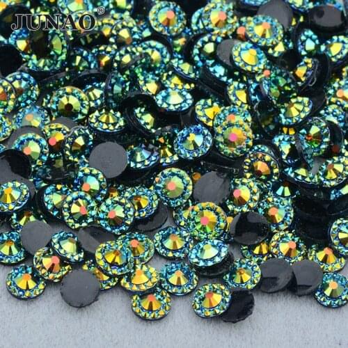 JUNAO 4 5 6mm Black AB Flat Back Flower Rhinestones Sticker Nail Art Decoration Resin Gem Glue On Crystal Strass Diamond Crafts