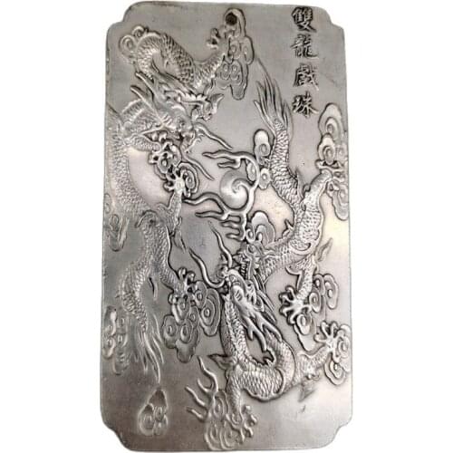 Chinese old Tibetan silver relief Double Dragon Play Pearl Waist Card amulet pendant Feng Shui lucky Card pendant