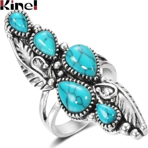 Kinel Boho Natural Stone Big Ring for Women Vintage Jewelry Ethnic Style Tibetan Silver Carved Pattern Wedding Party Big Rings