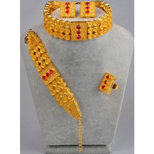 Gold Color Ethiopian Chokers Necklace Earrings Ring Bracelet Alloy Jewelry sets Africa Eritrea Wedding set #J0779