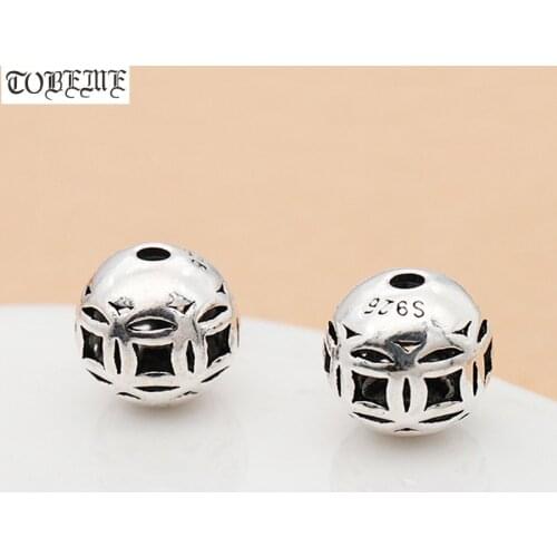 100% 925 Silver Round Loose Beads Sterling Good Luck Chinese Ancient-coin Symbol DIY Jewelry Findings