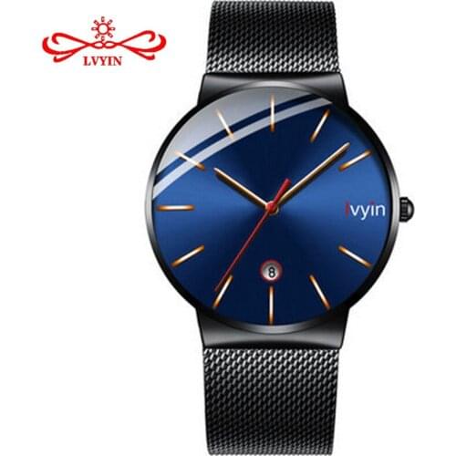 LVYIN Special 2.5D Convex Glass Quartz Watch Men Steel Mesh Watches Calendar Wrist Watch Simple Blue Business Watch Analog LY021