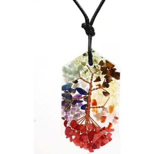 FYSL Copper Tree of Life Geometric Shape Rainbow Stone and Resin Pendant Healing Chakra Necklace Orgone Energy Jewelry