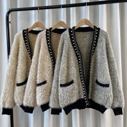 Fashion Nail Bead Knitted Cardigan Female Bright Wire Outerwear Fall Winter Knitwear Tops All-match Streetwear Sweaters Coat