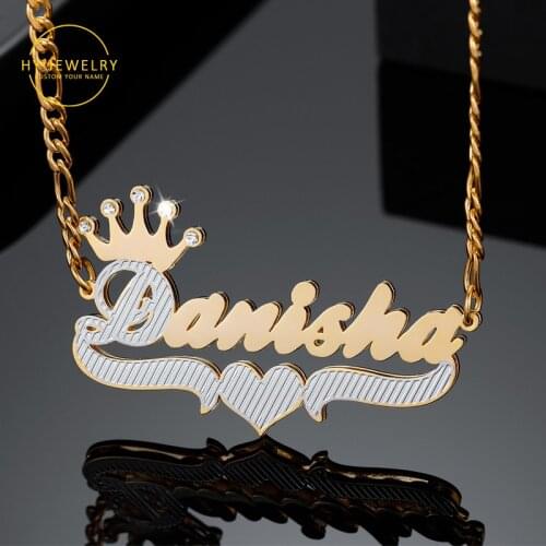 Personalized Double Plate 3D Name Necklace With Heart Custom Two Tone Gold Plated Stainless Steel Pendant For Women Jewelry Gift