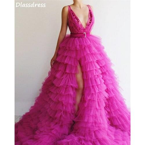 Fuchsia Prom Dresses Deep V-neck Tulle Tiered A-line Sweep Train Split Laces Spaghetti Strap Evening Dresss коктейльные платья