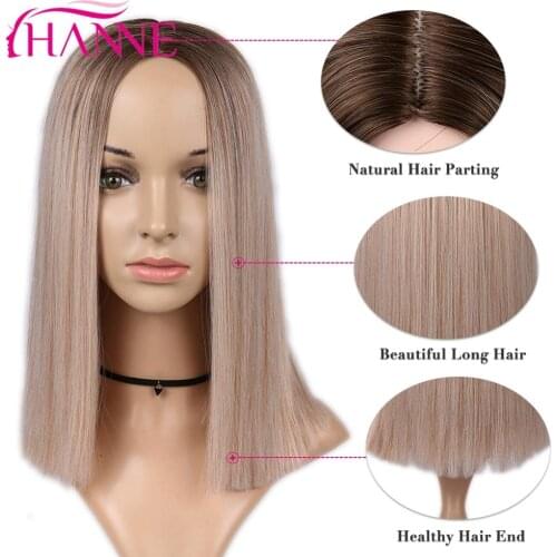 HANNE Ombre Light Brown/Grey Straight Shoulder Length Synthetic Wigs Heat Resistant Hair For Black/White Women Cosplay Or Party