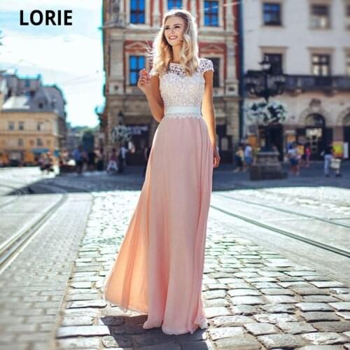 LORIE Pink Scoop Neck Chiffon Evening Dresses 2021 Fashion Lace Cap Sleeves Arabic Special Occasion Dresses Evening Party Gowns
