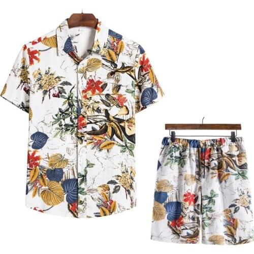 Mens Floral Print Cotton Linen Shirts and Shorts Set Men Short Sleeve Hawaiian Shirt Suits Men Vacation Beach Two Piece Set 5XL