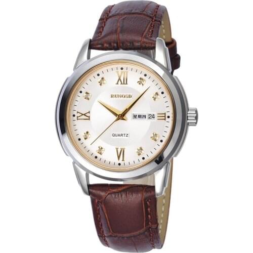 RUNOSD Mens Watch Luxury Zircon Week Calendar Miyota Quartz Movement Sapphire Crystal Cowhide 5153GP