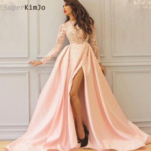 SuperKimJo Long Sleeve Prom Dresses 2020 Vestido De Formatura Pink Lace Elegant Satin Prom Gown Robe De Soiree
