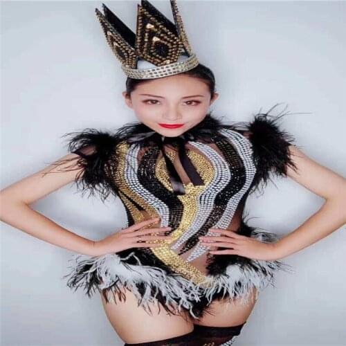 E87 Sexy singer stage bodysuit bar wears jumpsuit tight outfits party feather Rhinestone dress dj pole dance costumes prom show