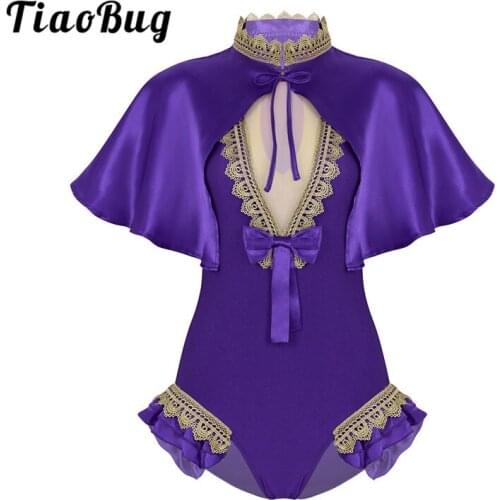 TiaoBug Adults Purple Shiny Satin Cape with Gymnastics Leotard Bodysuit Set Halloween Cosplay Party Circus Costume Dance Wear