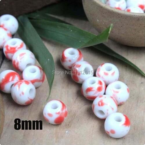 On sale Chinoiserie 8/10/12mm 50pcs White Porcelain Ceramic round Beads,Red Spotted pattern Spacer beads Free shipping YS0008