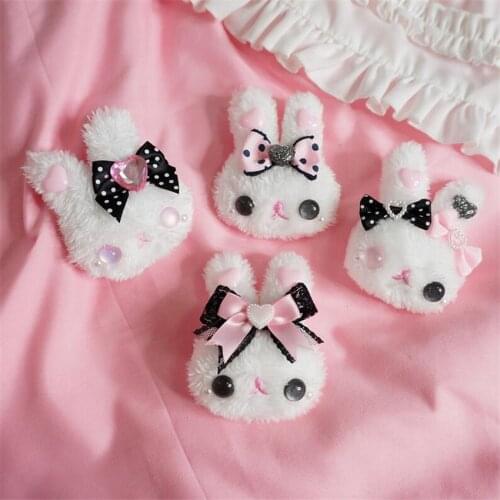 Lolita Cute Pink Black Bow Plush Rabbit Bear Doll Hairpin Brooch Pin Gift for Girls Hair Accessories B1793