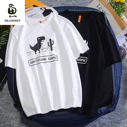 GSODET Summer T-Shirt Couple Cotton Original Anime Cartoon Dinosaur Print Korean Fashion Casual Loose O-Neck Short Sleeve Tops