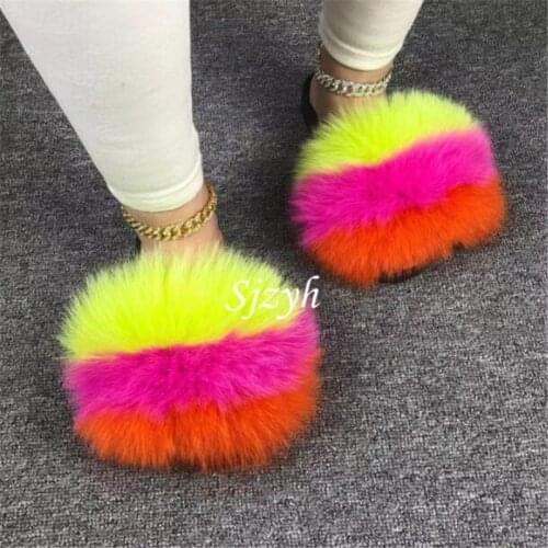 New Summer Womens Furry Slippers Girls Fluffy Fur Slides Ladies Real Fox Fur Flip Flops Female Designer Sandals Plush Shoes