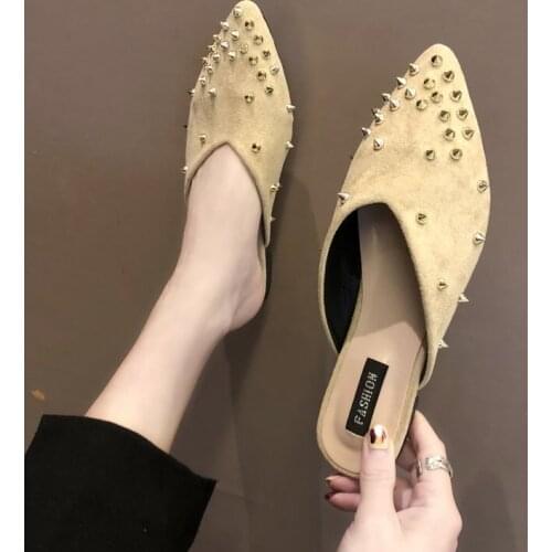 Women Suede Rivets Casual Mujer Ladies Half Mules Block Low Heels Loafers Scuff Slides Feminino Lazy Slippers Shoes 658