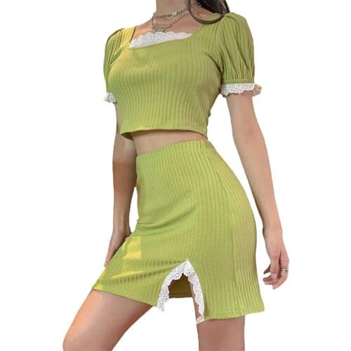 2Pcs Women Summer Outfit Lace Trim Square Neck Short Sleeves Crop Tops + High-Waist Slit Skirt for Girls, Green