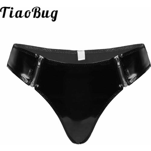Womens Lingerie Bikini Underwear Shiny Patent Leather Briefs Sexy Underpants Clubwear Low-waisted Front Zipper Thong Panties
