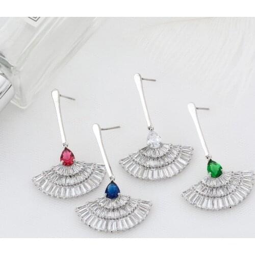 1Pair Zirconia Stone AAA Dangle Earrings Silver Color Fan-shaped Jewelry Drop Earrings For Women Girls New Hot