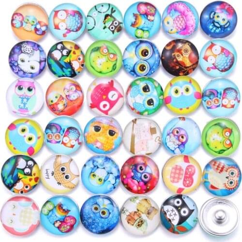 10pcs/lot Mixed Owl 18mm Glass Snap Buttons Jewelry Glass Cabochon Fit 18mm Snap Bracelet Bangles Necklace 020917