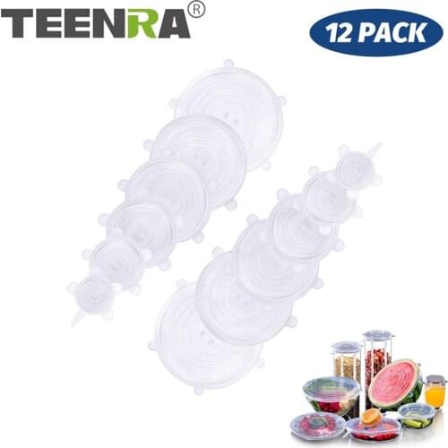 TEENRA 12Pcs Reusable Silicone Stretch Wrap Cover Silicone Food Fresh-keep Bowl Pot Lid Sealing Silicone Lid Kitchen Cookware