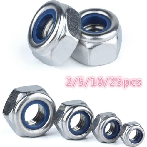 2/5/10/25pcs 304 Stainless Steel Nylon Self-locking Hex Nuts Locknut Slip Lock Nut M2 M2.5 M3 M4 M5 M6 M8 M10 M12 M14
