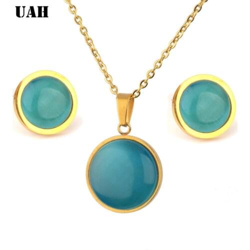 UAH Oval Opal Jewelry Set Necklace Earrings Rings For Women Round Pendant Stainless Steel Chain Wedding Gift
